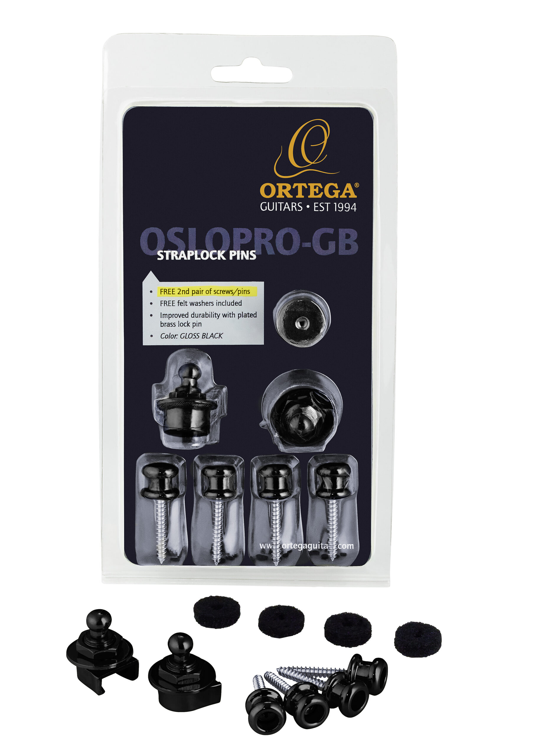 ORTEGA Strap Lock Pin Pro Version gloss black inklusive ein Paar Schrauben und Pins