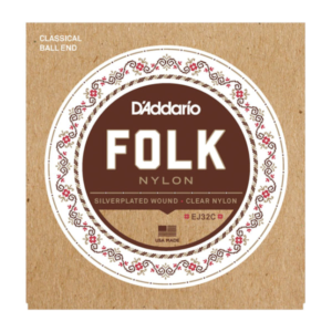EJ32C D'Addario EJ32C Folk Nylon Gitarrensaiten mit Kugel, Silber umsponnen/transparente Nylon-Diskantsaiten